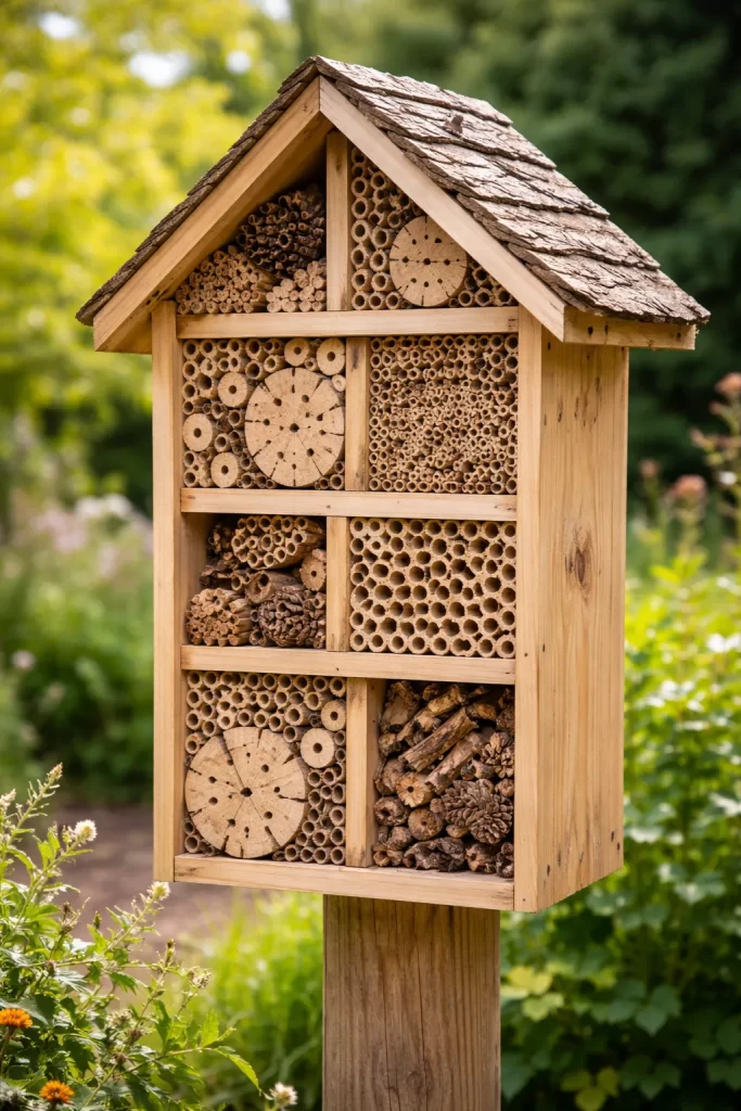 Eenvoudig houten bijenhotel voor in de tuin. Natuurlijk en praktisch.
