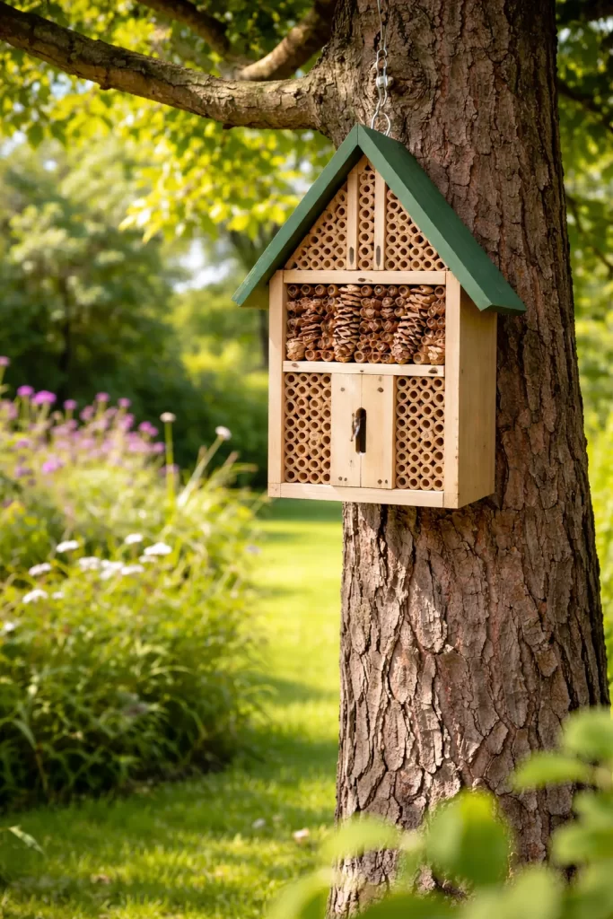 Een houten bijenhotel hangt aan een boom op een zonnige, rustige plek in de tuin.