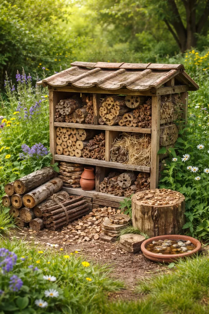 Een natuurlijke hoek met hout, bladeren en stenen voor insecten.