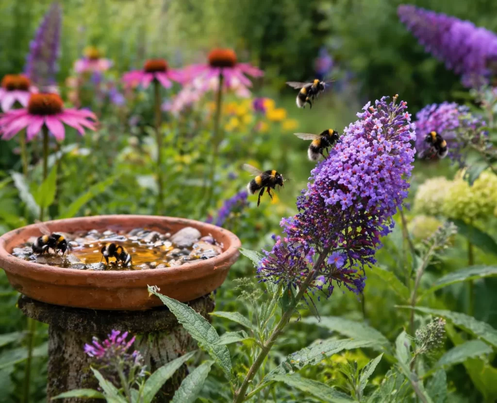 Kleurrijke bloemen trekken hommels aan en maken de tuin levendig.