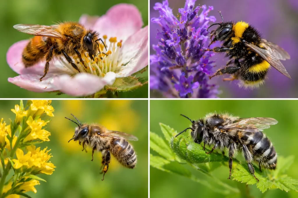 Close-upfoto van wilde bijen tussen bloemen in een natuurlijke tuin. Rustig, scherp en zonder tekst in beeld.