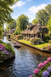 Een rustig dorp met grachten, bruggetjes en charmante rietdaken.