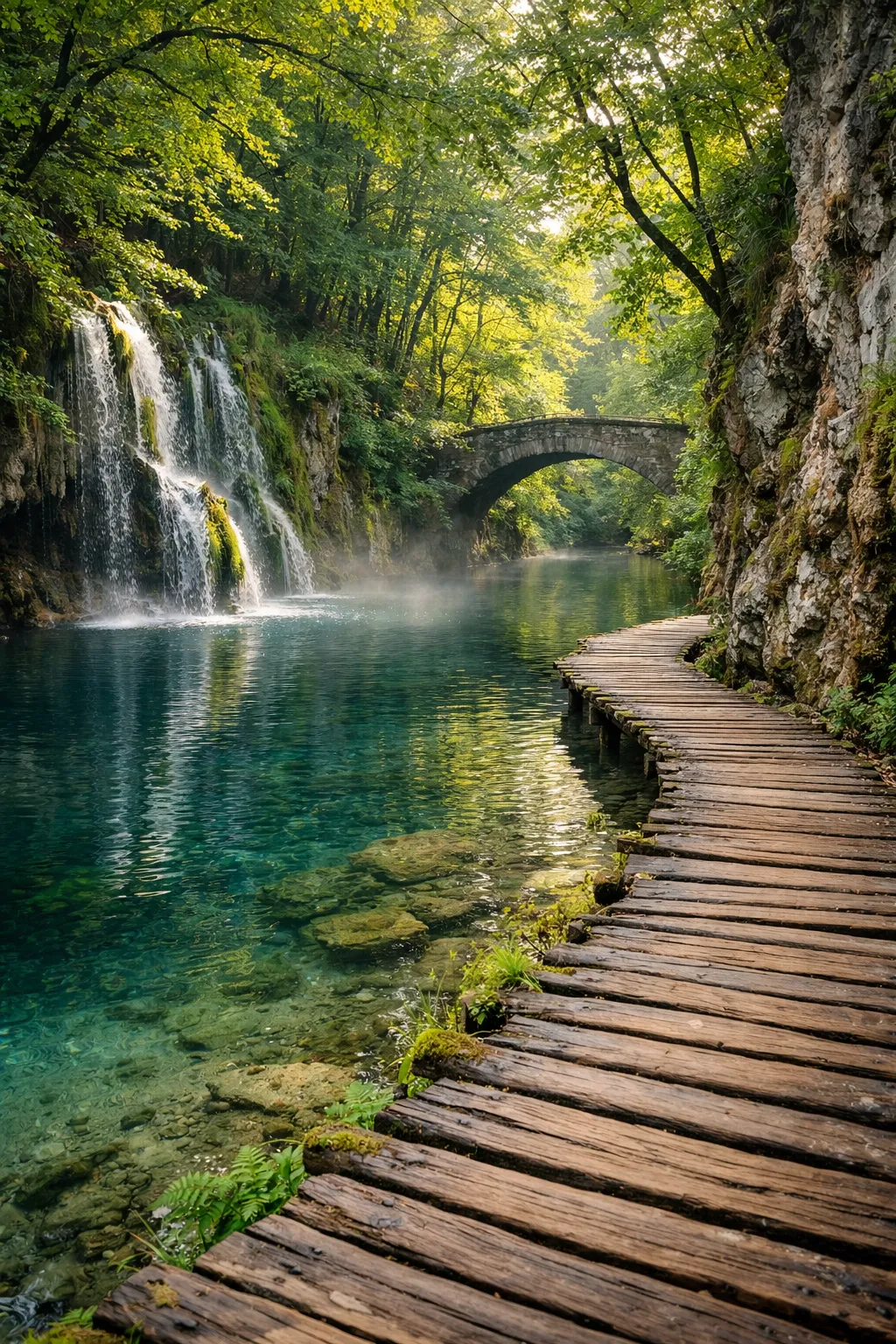 Een rustige, verborgen natuurplek met helder water, een houten pad en veel groen.