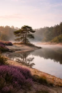 Rustige heide, zacht ochtendlicht en een stille waterkant.