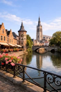 Rustige, charmante Belgische stad met water, bruggen en historische gebouwen.
