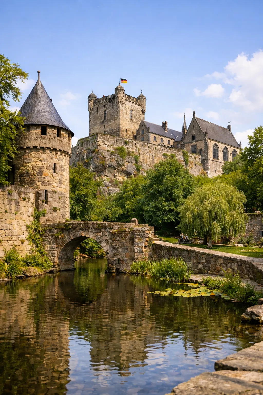 Een sfeervol kasteel vlak bij de Nederlandse grens, omringd door groen en water.