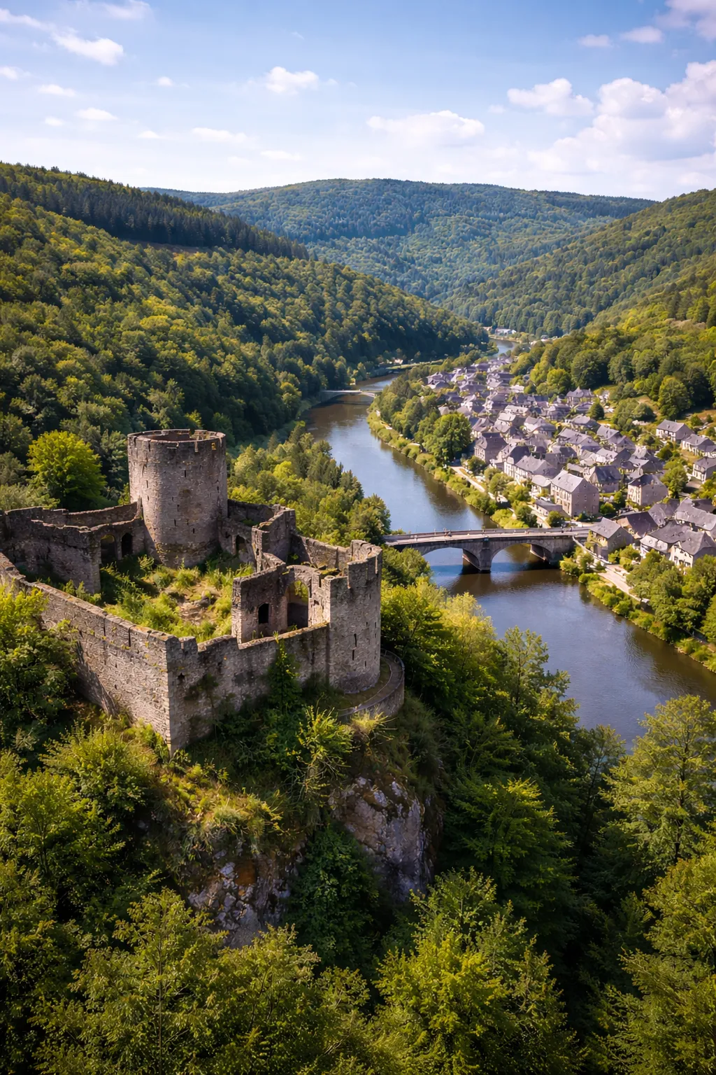 Rustig dorpje met kasteelruïne, rivier en groene heuvels.