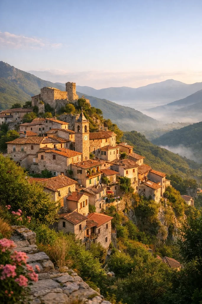 Een sfeervol bergdorp met stenen huizen, warme avondzon en een rustig uitzicht over de heuvels.