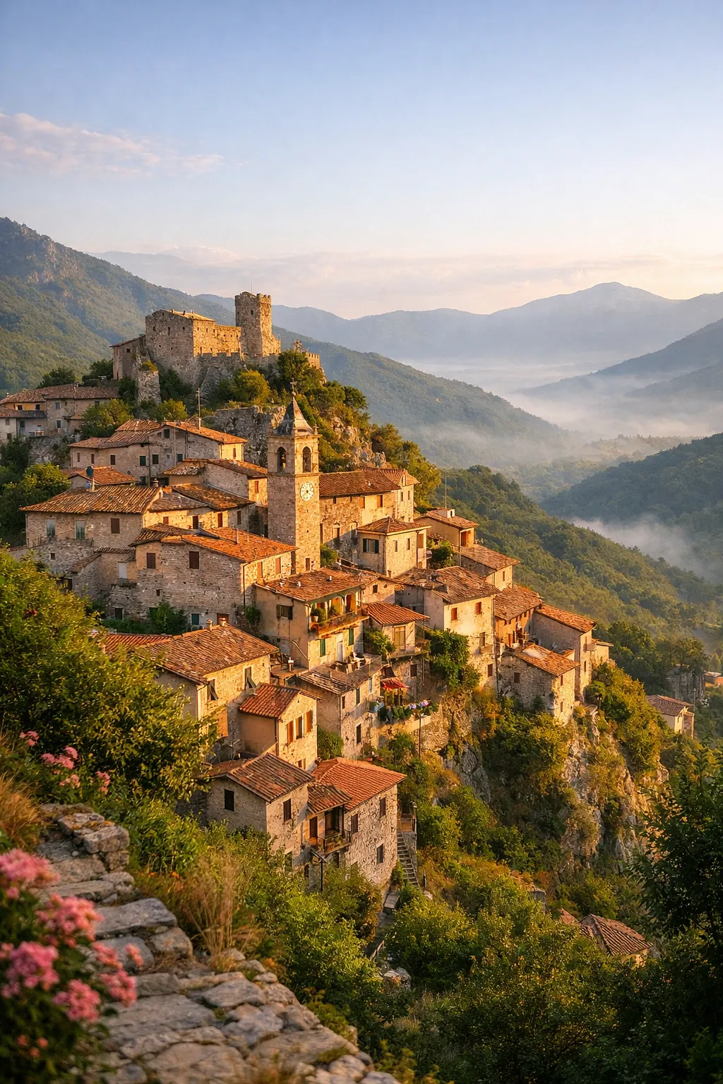 Een sfeervol bergdorp met stenen huizen, warme avondzon en een rustig uitzicht over de heuvels.
