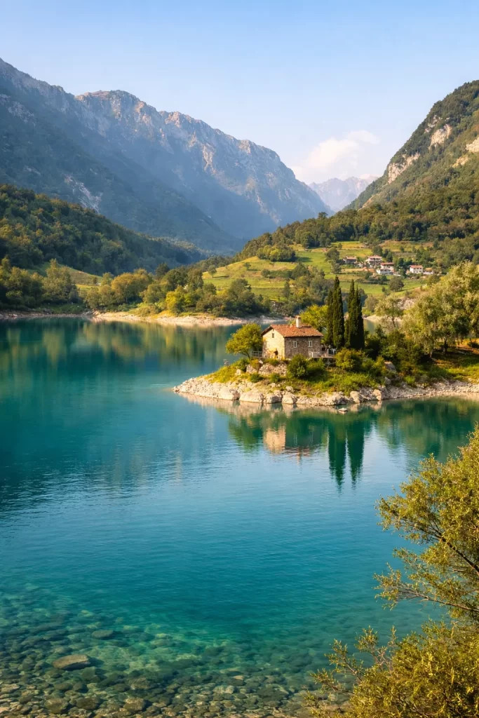 Een rustig bergmeer in Italië, ver weg van massatoerisme.