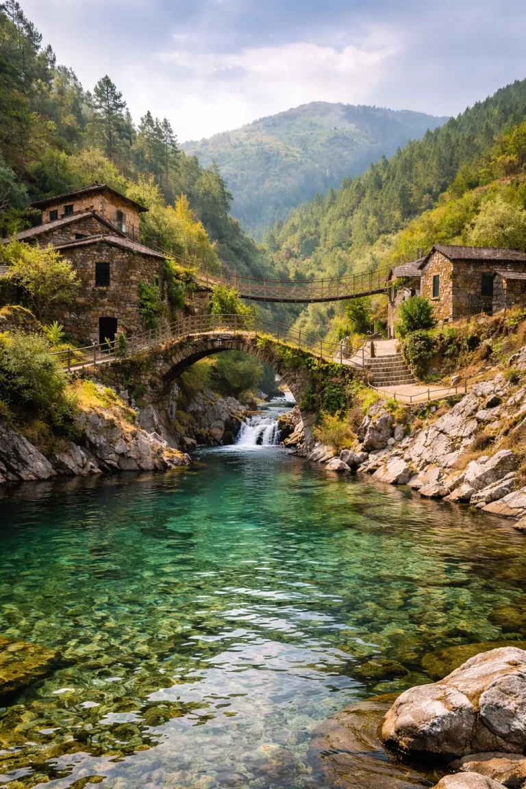 Een verborgen bergdorpje met helder water en stenen bruggen in Portugal.