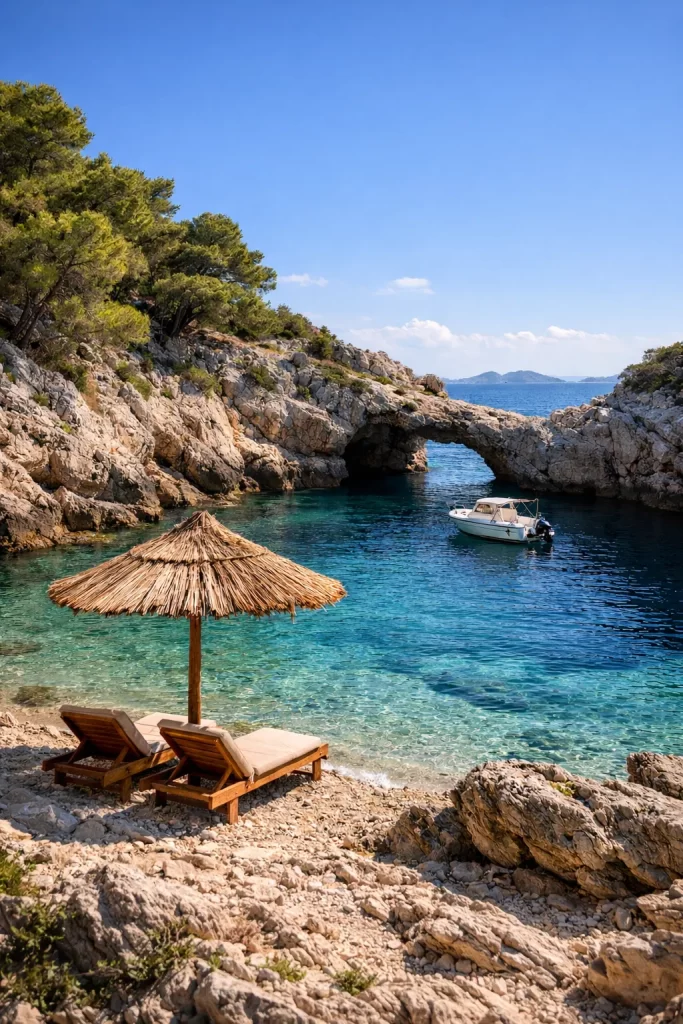 Een rustige, verborgen baai met helder blauw water en ruige rotsen.