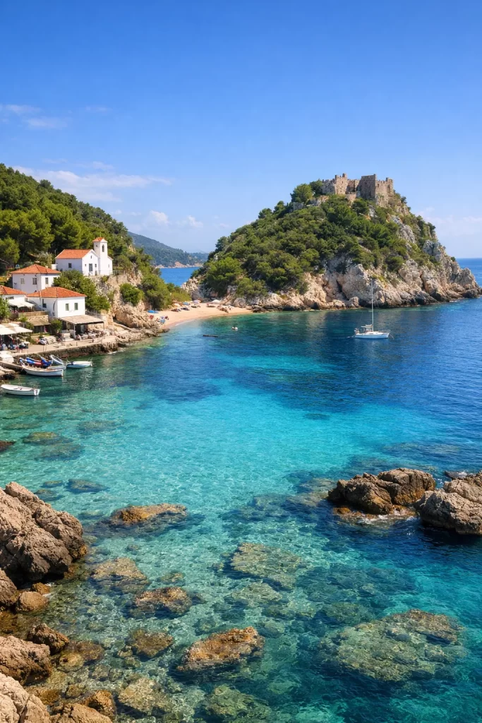 Een rustig, onbekend eiland in Europa met kristalhelder water, een klein strand en een charmant dorpje.