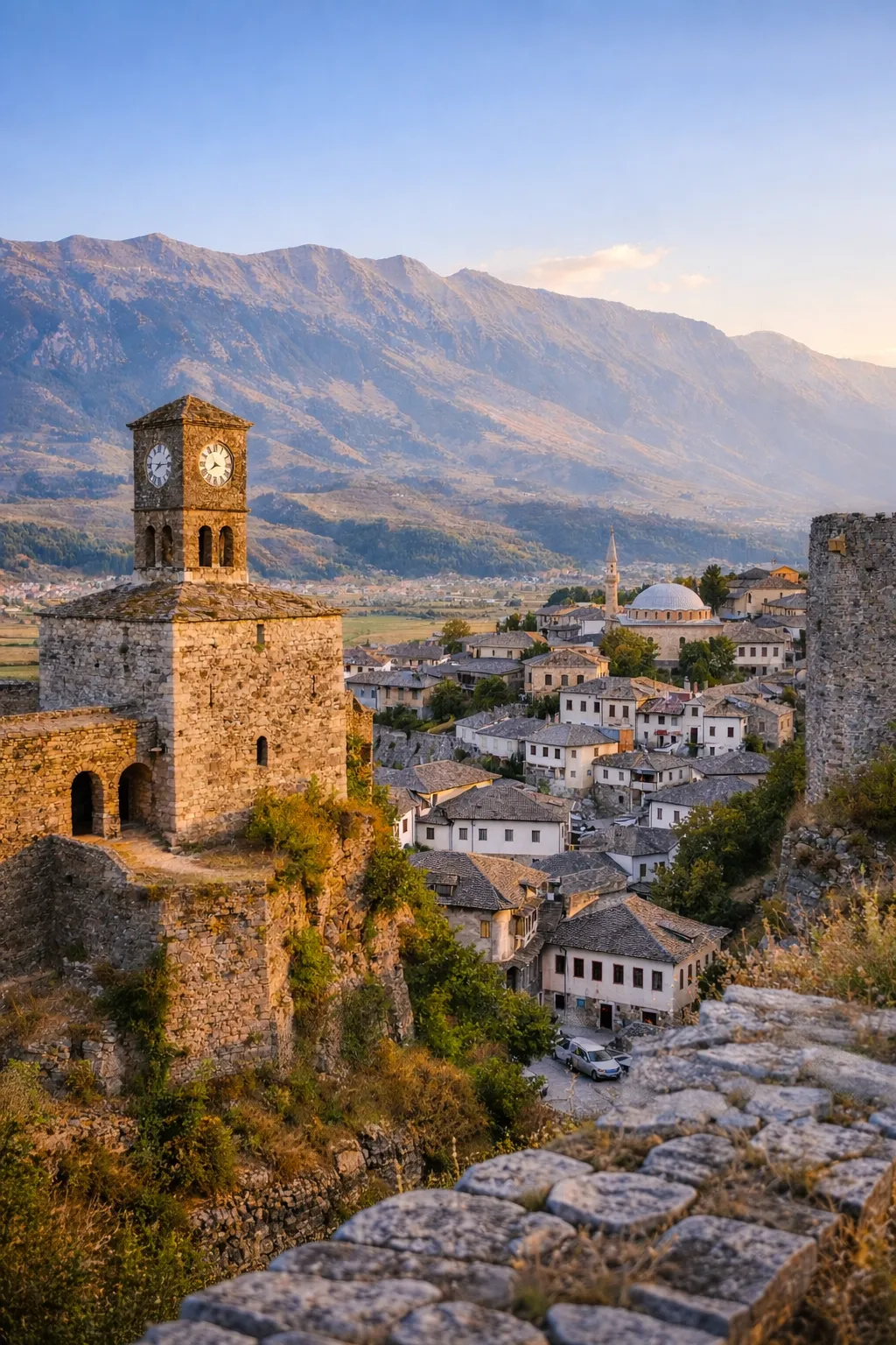 Historische bergstad met stenen huizen en prachtig uitzicht.