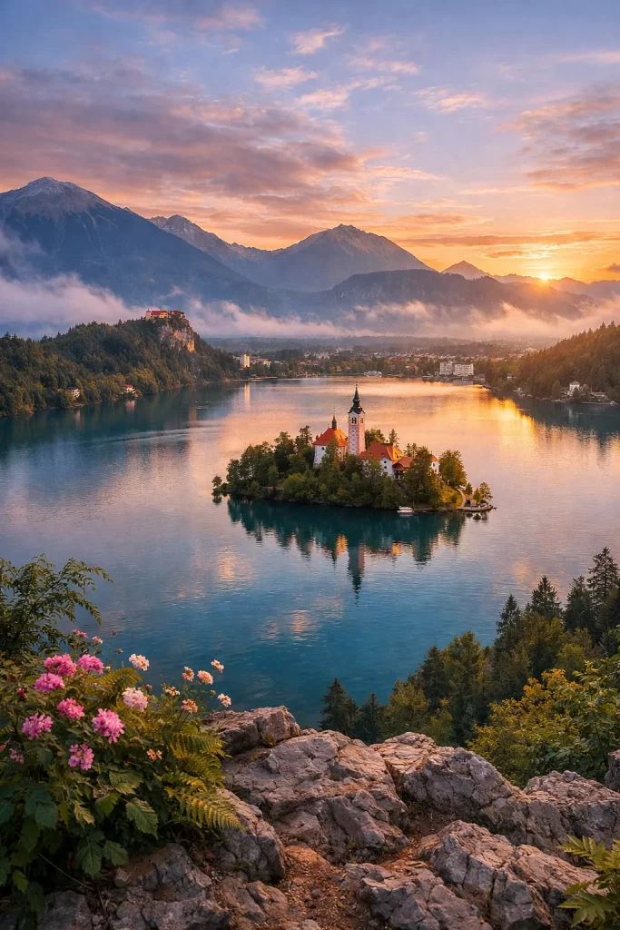 Een rustig bergmeer met een klein eiland, warme zonsopgang en een magische zomersfeer.