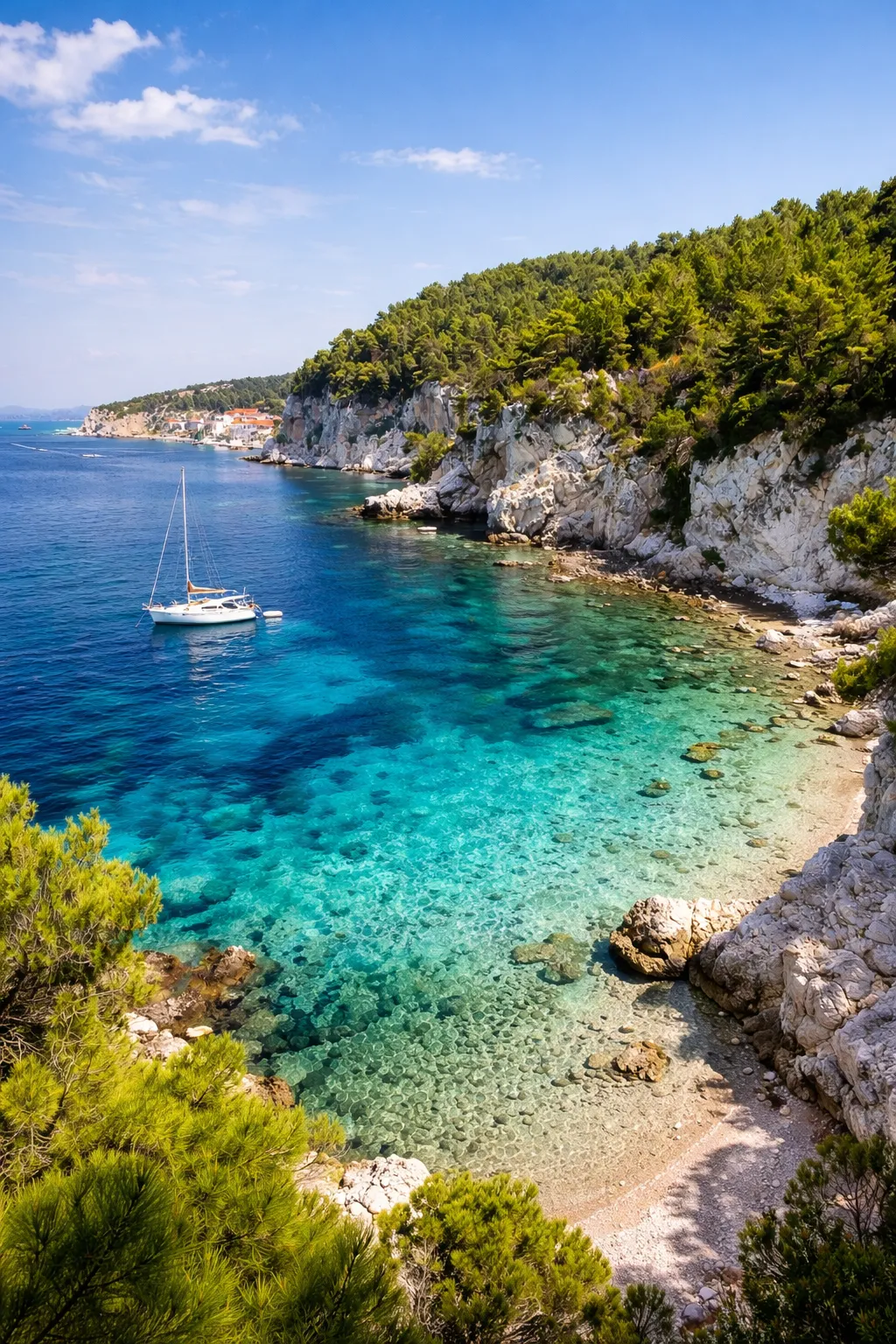 Een rustige, heldere baai ver weg van de drukte.