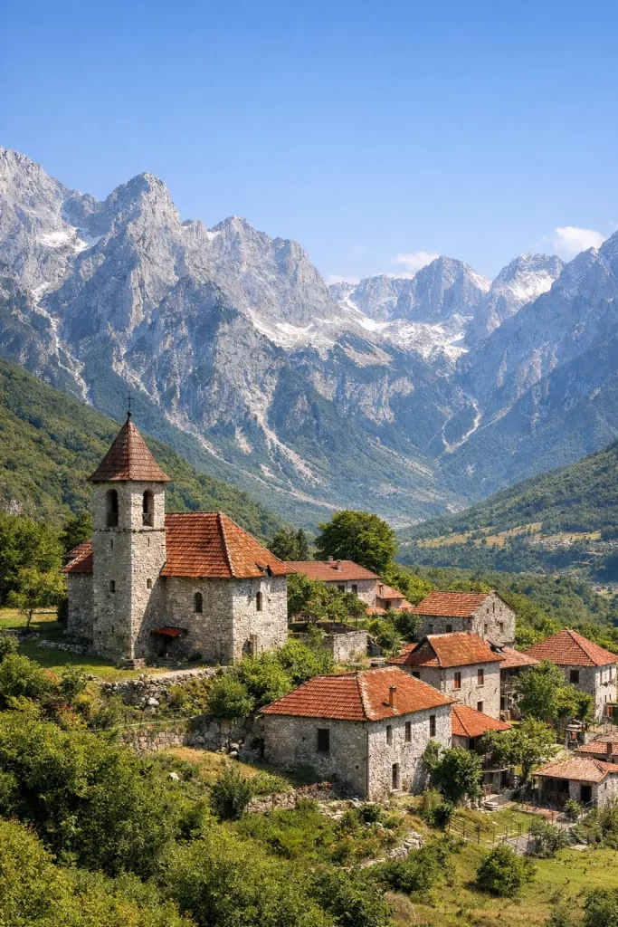 Een rustig bergdorp met stenen huizen, groene heuvels en indrukwekkende bergen op de achtergrond.