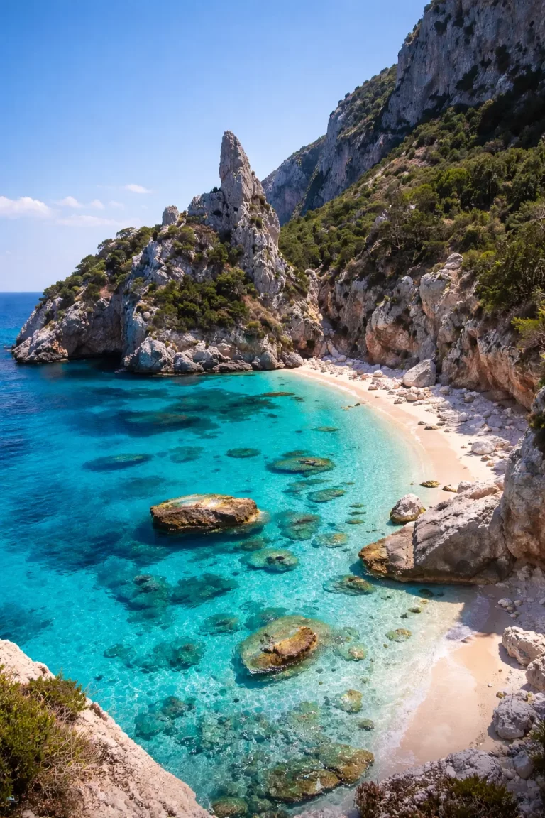 Een afgelegen strand met helder turquoise water en witte rotsen.