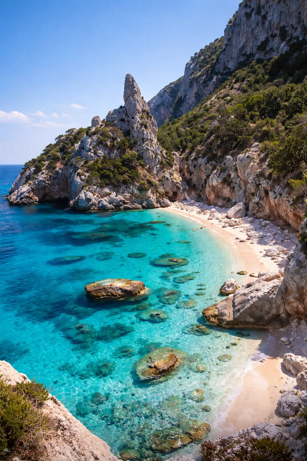 Een afgelegen strand met helder turquoise water en witte rotsen.